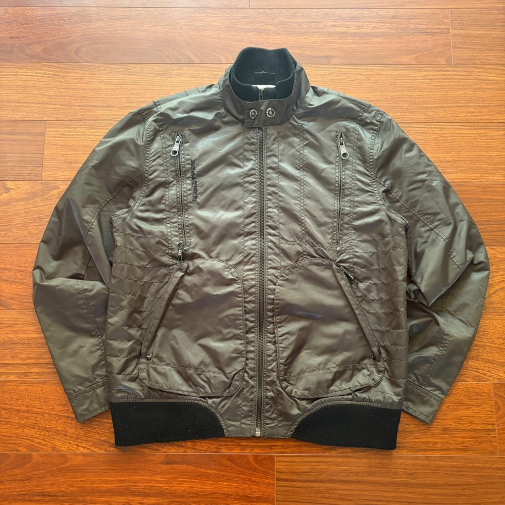 Ampere Mens Full Zip Bomber Jacket Olive Green Utility Multi Pocket Mock Neck